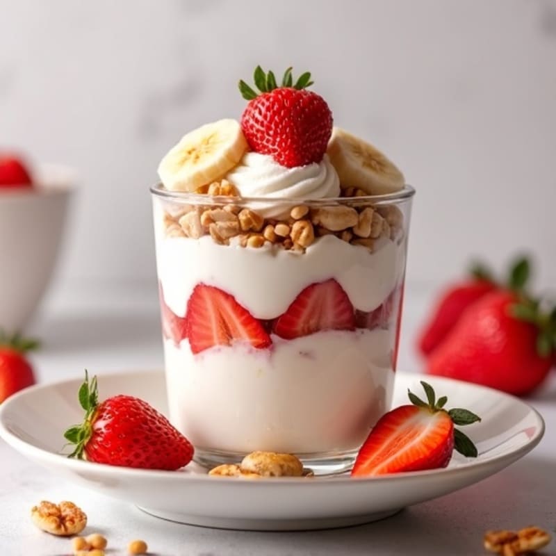 High-Protein Strawberry Banana Yogurt Parfait with Mixed Nuts