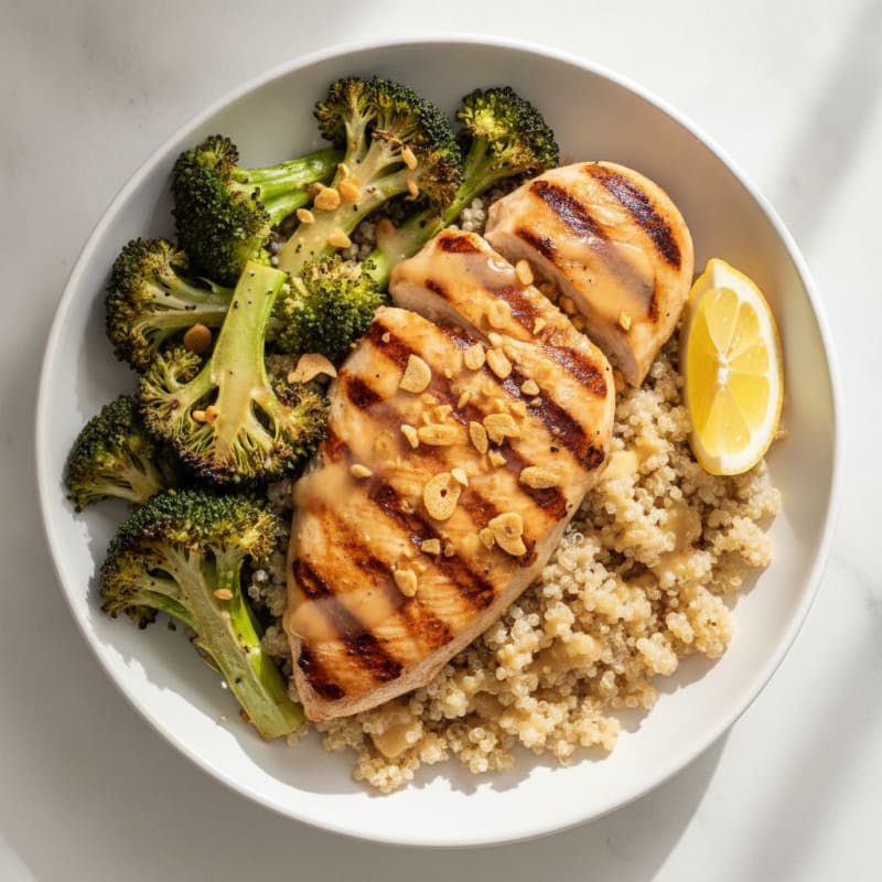 Grilled Chicken and Quinoa Bowl with Roasted Broccoli