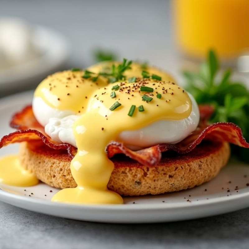 Turkey Bacon and Poached Eggs with Whole Grain English Muffin and Creamy Greek Yogurt Hollandaise