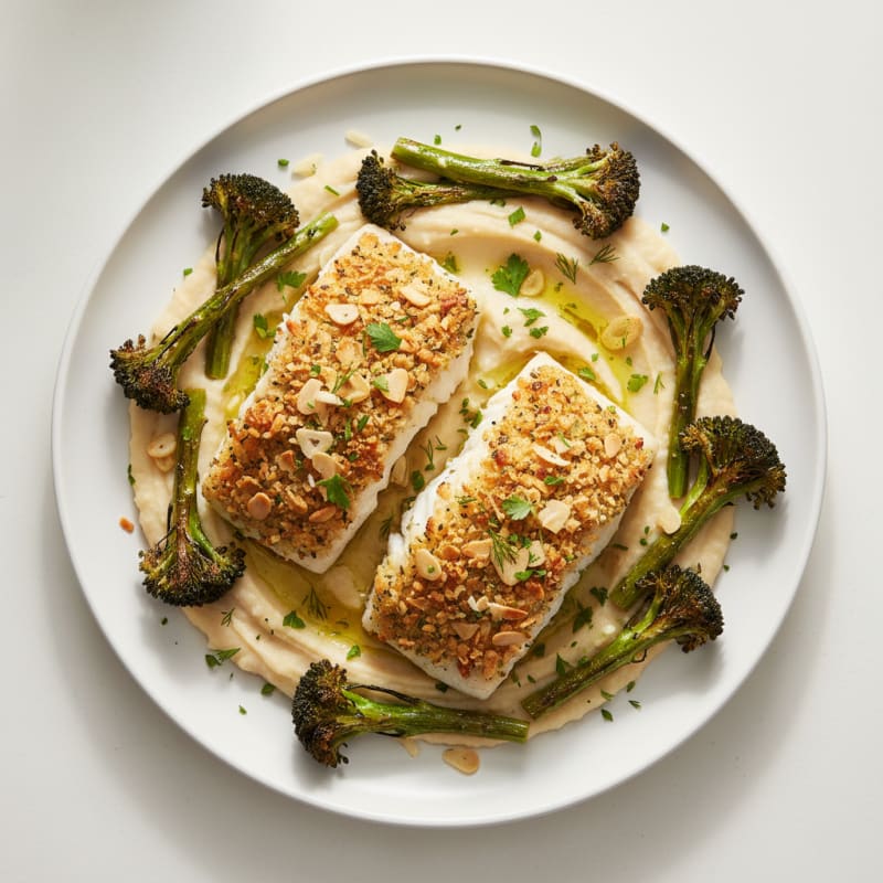 Herb-Crusted Cod with Roasted Broccoli and White Bean Mash