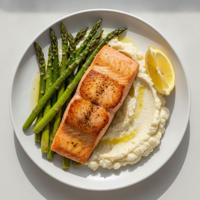 Seared Salmon Fillet with Roasted Asparagus and Cauliflower Mash