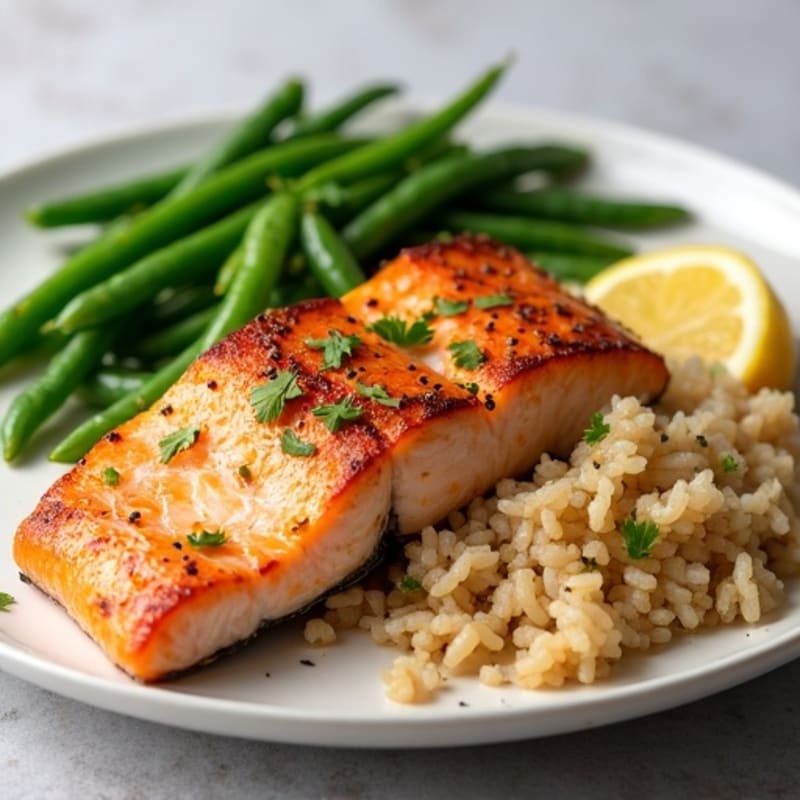 Seared Salmon with Garlic Green Beans and Brown Rice