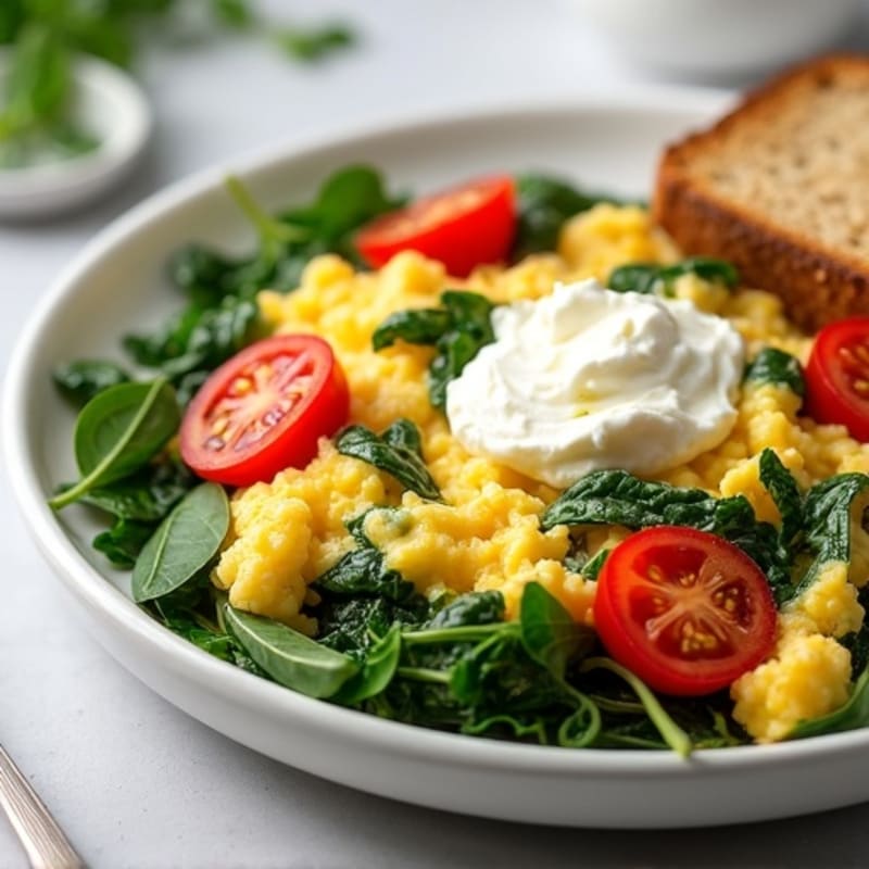 Egg White Spinach Scramble with Cottage Cheese and Cherry Tomatoes