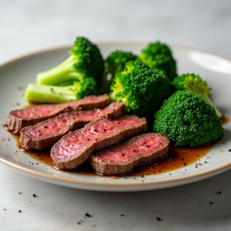 Seared Lean Beef Strips with Steamed Broccoli