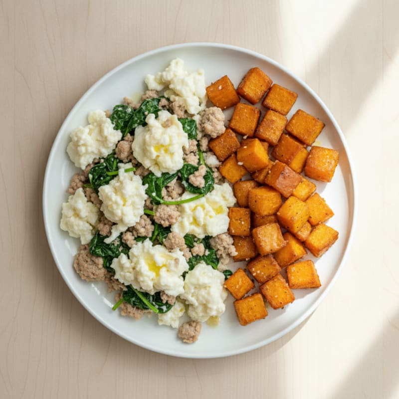 Egg White and Turkey Spinach Scramble with Roasted Sweet Potatoes