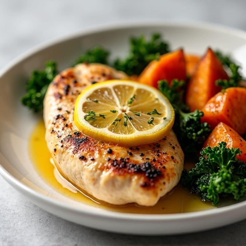 Lemon-Garlic Roasted Chicken with Crispy Kale and Sweet Potatoes