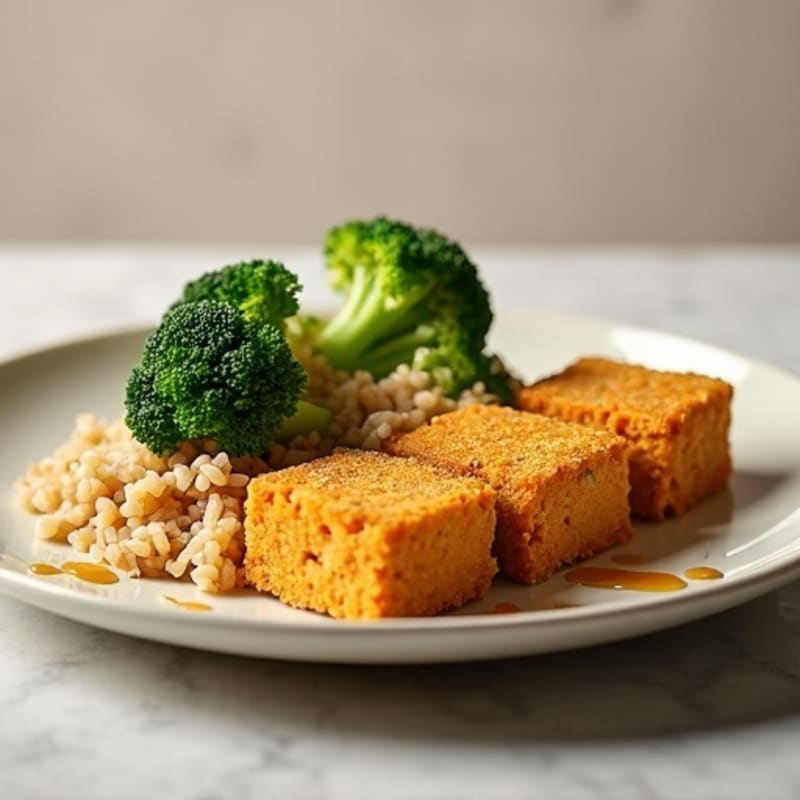 Crispy Peanut Tofu with Roasted Broccoli and Brown Rice