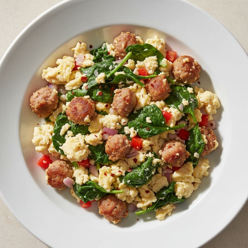 Egg White Spinach Scramble with Turkey Sausage