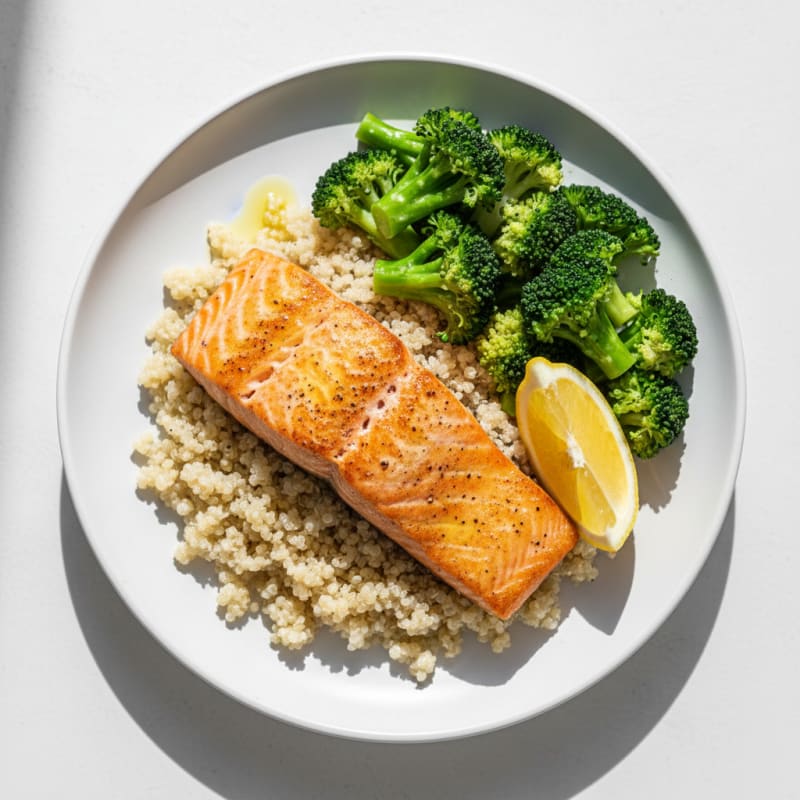 Seared Salmon with Steamed Broccoli and Quinoa