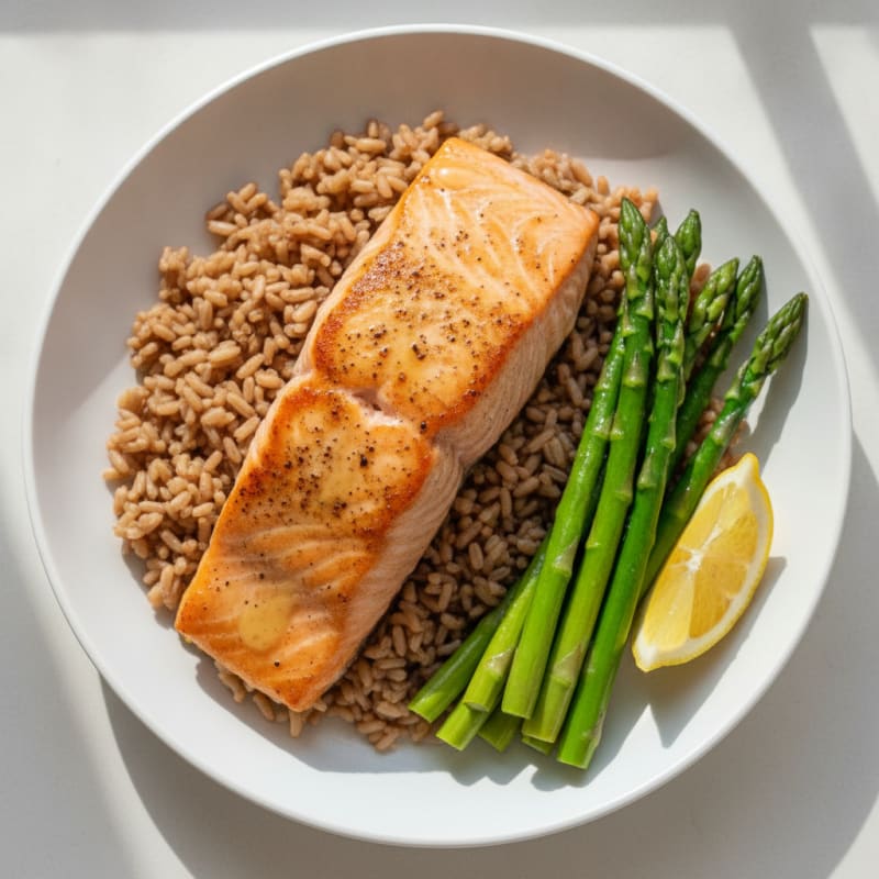 Seared Salmon with Steamed Asparagus and Brown Rice