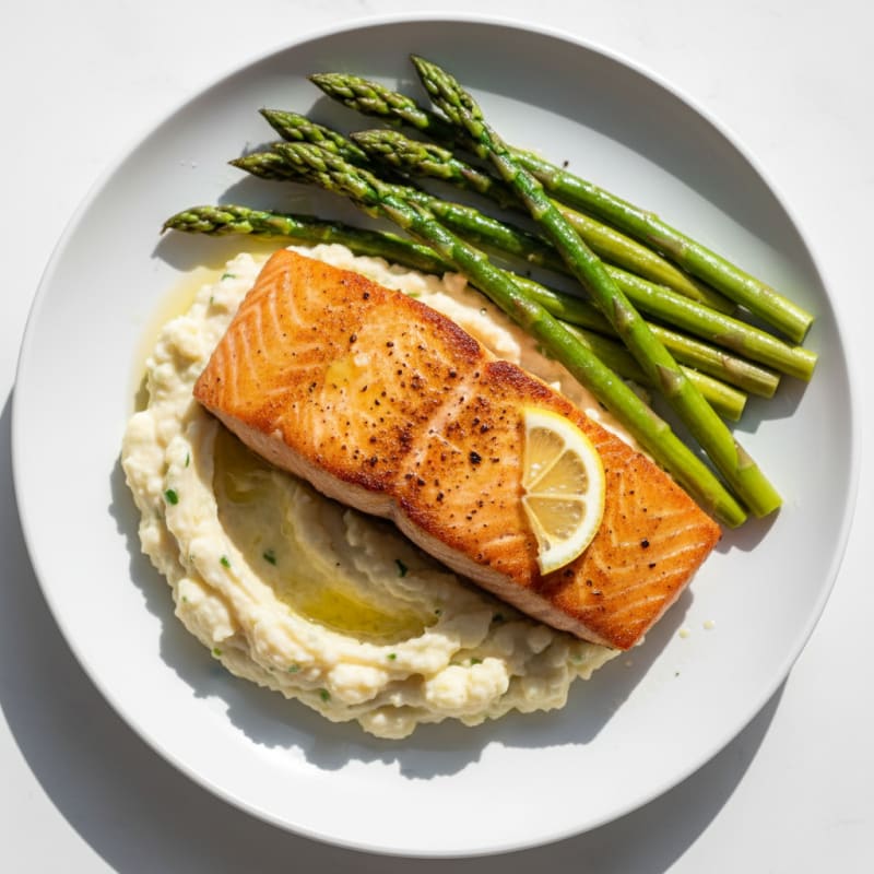 Seared Salmon with Steamed Asparagus and Garlic Mashed Cauliflower
