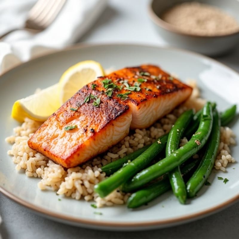 Seared Salmon Fillet with Garlic Green Beans and Brown Rice