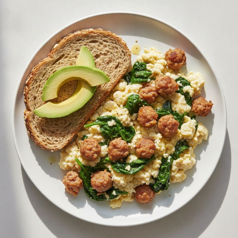 Scrambled Egg Whites with Turkey Sausage and Sautéed Spinach
