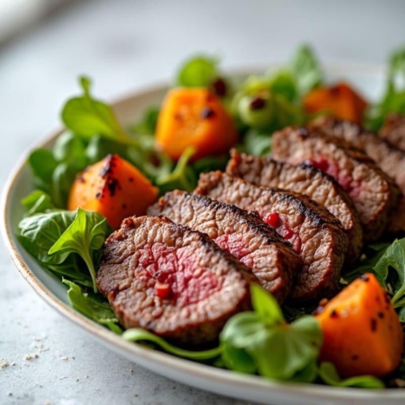 Grilled Steak Salad with Roasted Sweet Potatoes and Mixed Greens