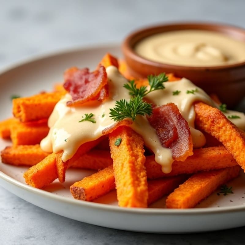 Crispy Sweet Potato Fries with Smoky Bacon and Creamy Cheese Sauce