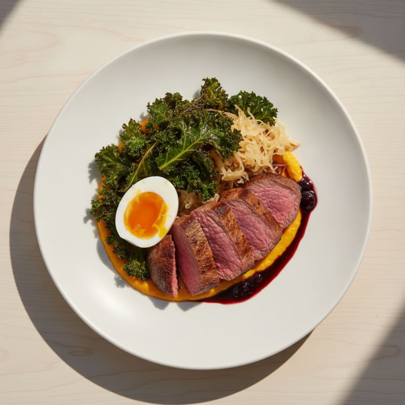 Pan-Seared Venison with Roasted Greens and Fermented Vegetables