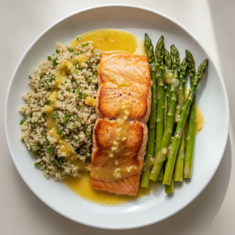 Seared Salmon Fillet with Herbed Quinoa and Lemon-Garlic Asparagus