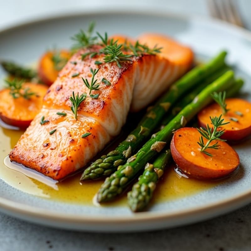 Seared Salmon with Roasted Sweet Potatoes and Asparagus
