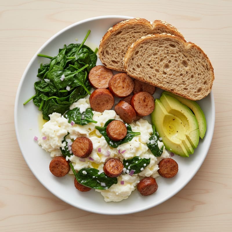 Egg White Scramble with Turkey Sausage and Sautéed Spinach