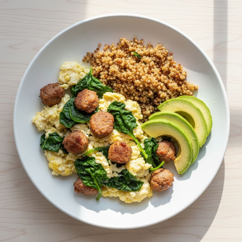 Egg White Scramble with Turkey Sausage and Sautéed Spinach