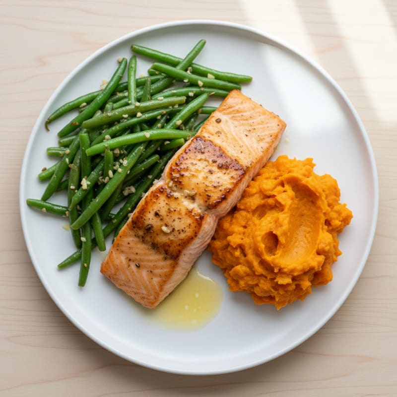 Seared Salmon with Garlic Green Beans and Sweet Potato Mash