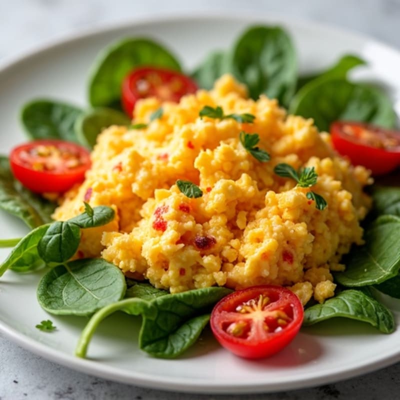 Spicy Cheesy Egg Scramble with Fresh Cherry Tomatoes and Greens