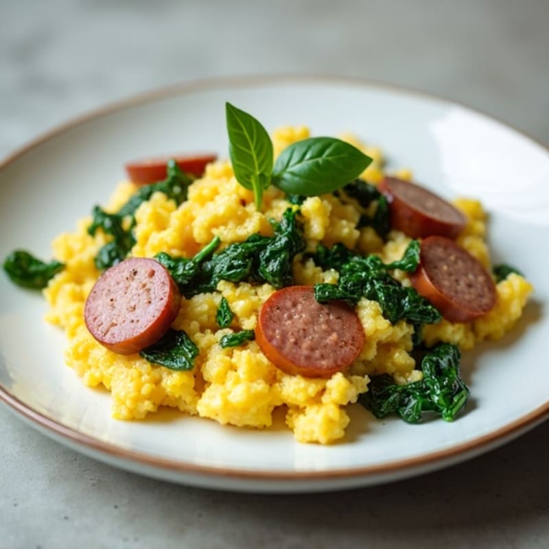 Egg White Scramble with Turkey Sausage and Sautéed Spinach