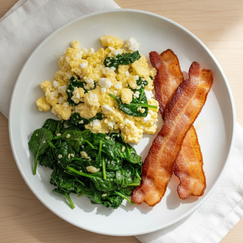 Cottage Cheese Scramble with Sautéed Spinach and Turkey Bacon
