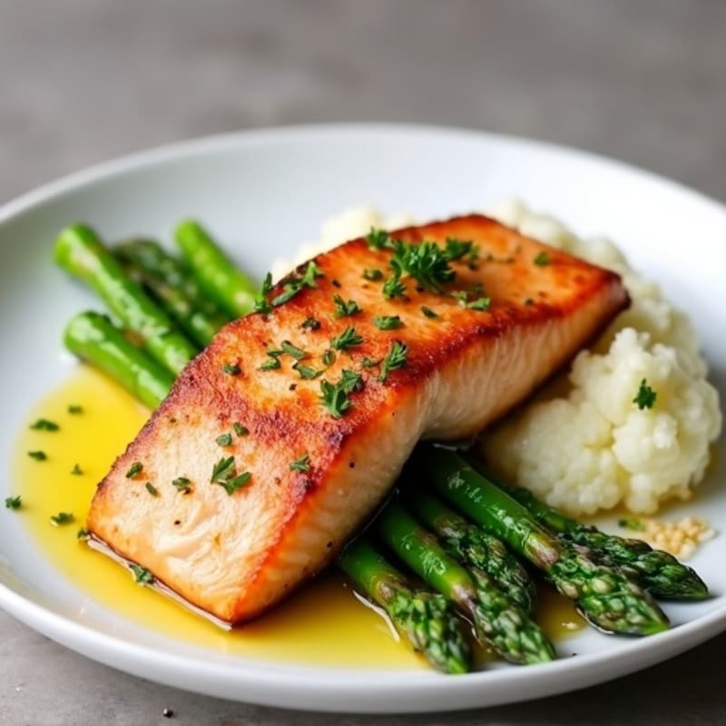 Seared Salmon with Steamed Asparagus and Garlic Mashed Cauliflower