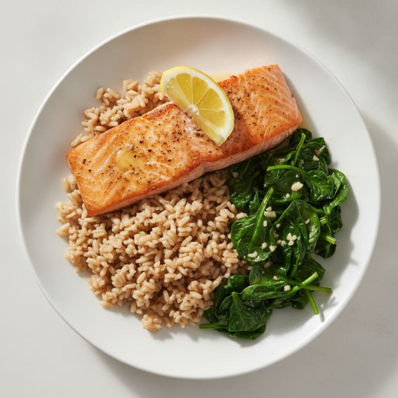 Seared Salmon with Garlic Spinach and Brown Rice