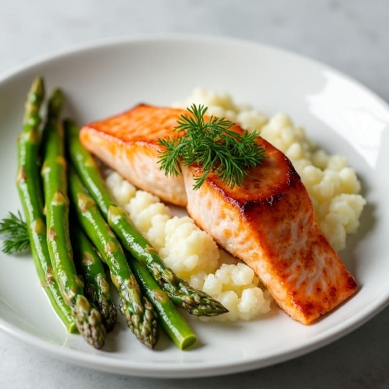 Seared Salmon with Steamed Asparagus and Cauliflower Mash