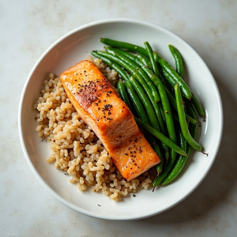 Seared Salmon with Garlic Green Beans and Brown Rice