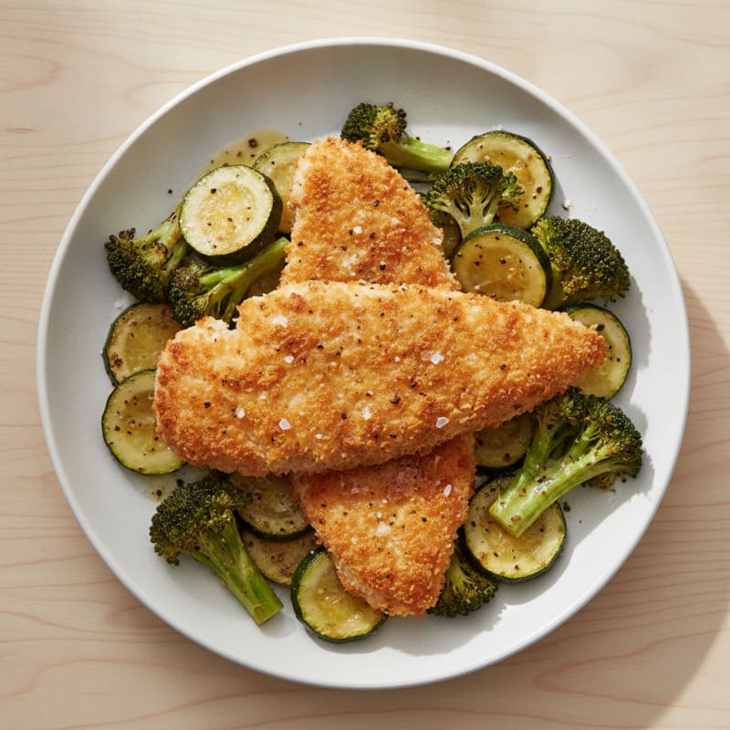 Air-Fried Cassava Chicken with Roasted Broccoli and Zucchini