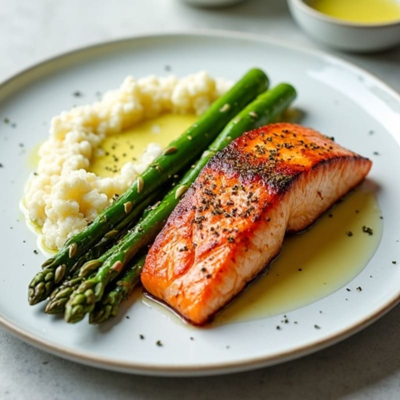 Seared Salmon with Steamed Asparagus and Cauliflower Mash