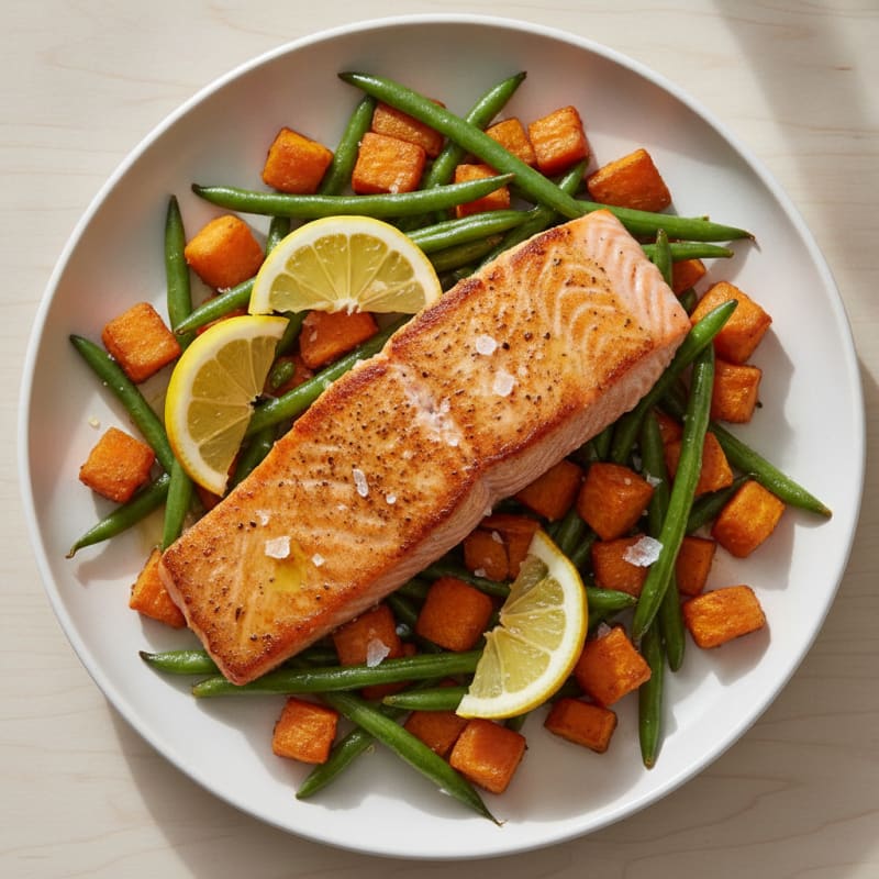 Seared Salmon Fillet with Roasted Sweet Potatoes and Green Beans