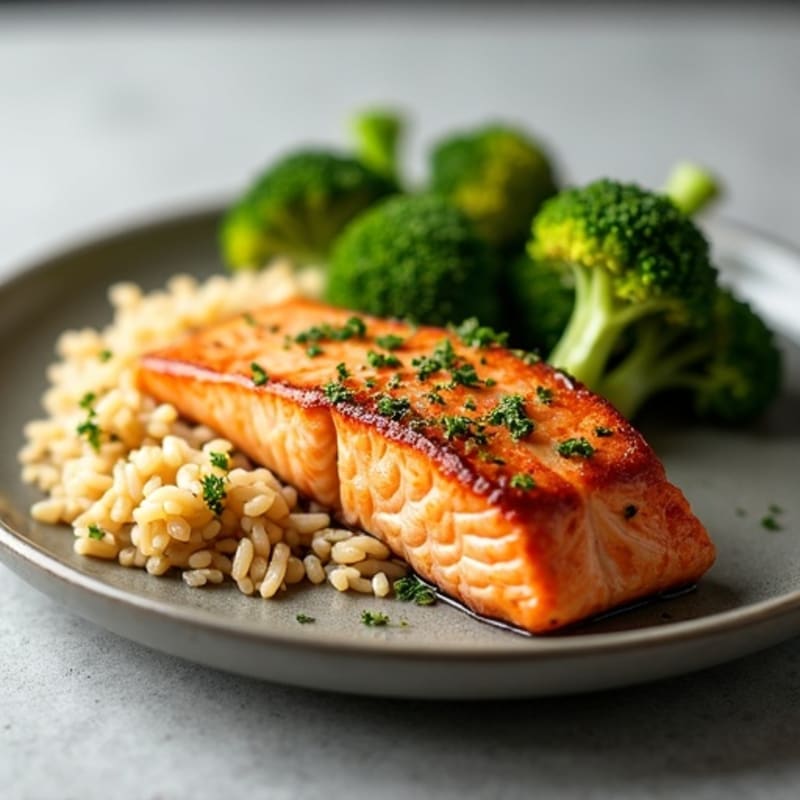 Seared Salmon with Steamed Broccoli and Garlic Brown Rice