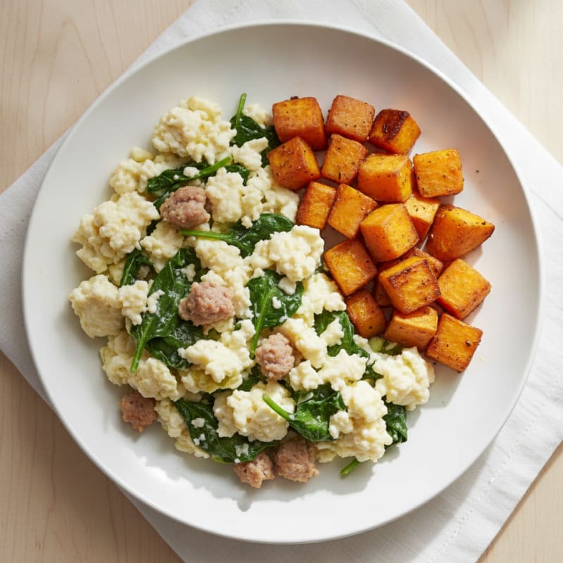Egg White and Turkey Sausage Scramble with Spinach and Roasted Sweet Potato