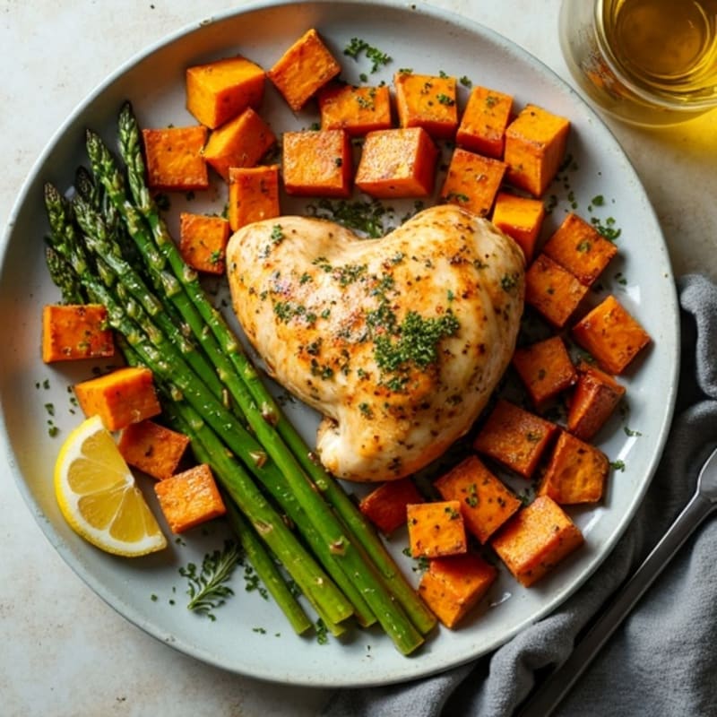 Sheet Pan Lemon Herb Chicken with Roasted Asparagus and Sweet Potatoes