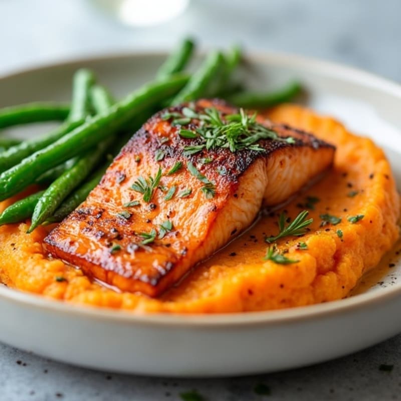 Seared Salmon with Garlic Green Beans and Sweet Potato Mash