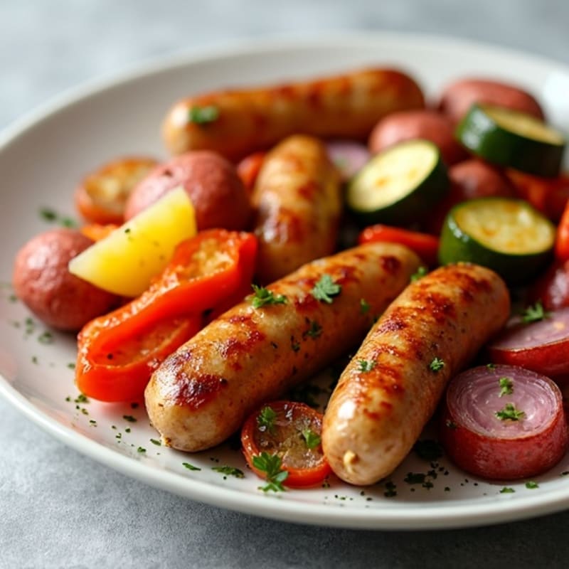 Crispy Roasted Potatoes with Pan-Seared Chipolata Sausages and Roasted Vegetables