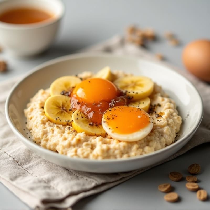 Creamy Banana Tahini Oats with Jam and Eggs