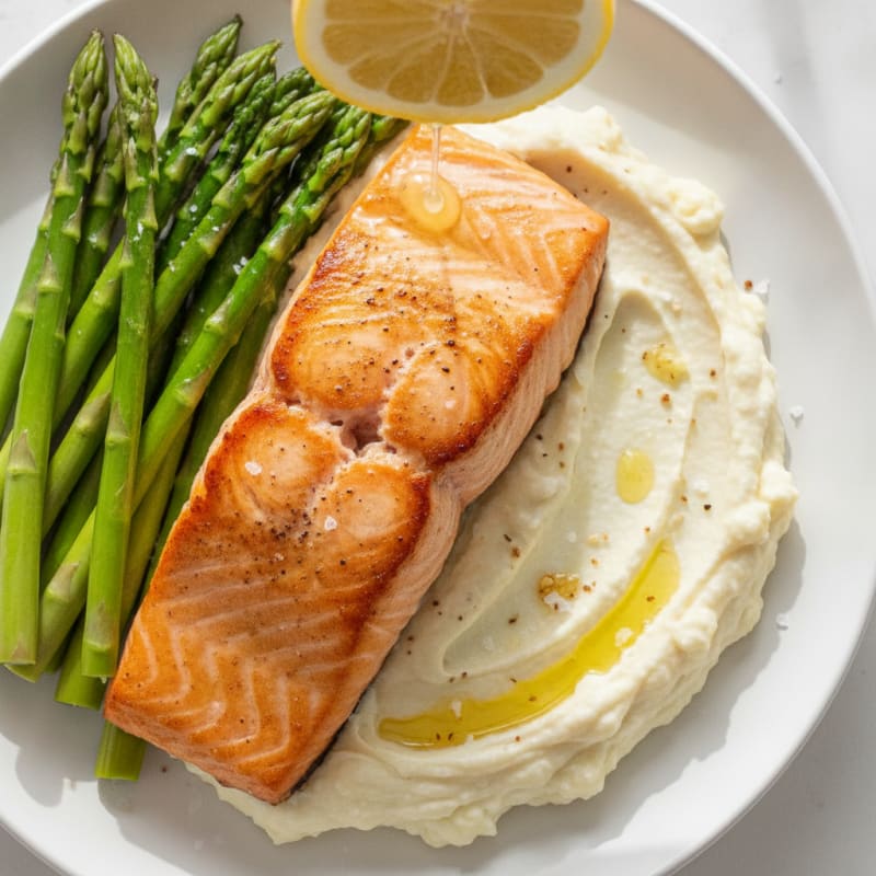 Seared Salmon with Steamed Asparagus and Cauliflower Mash