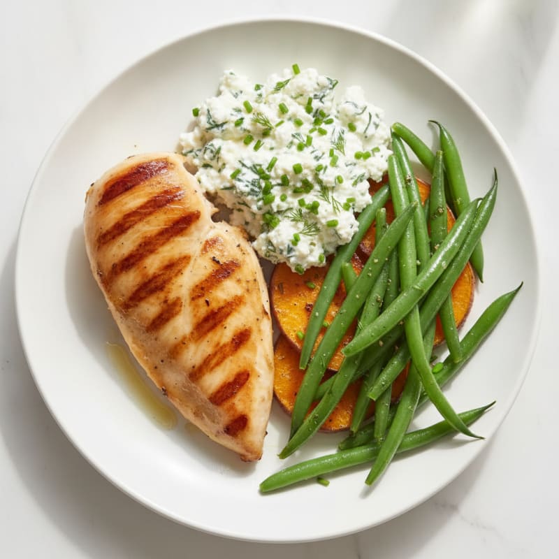 Grilled Chicken Breast with Herb Cottage Cheese and Steamed Green Beans