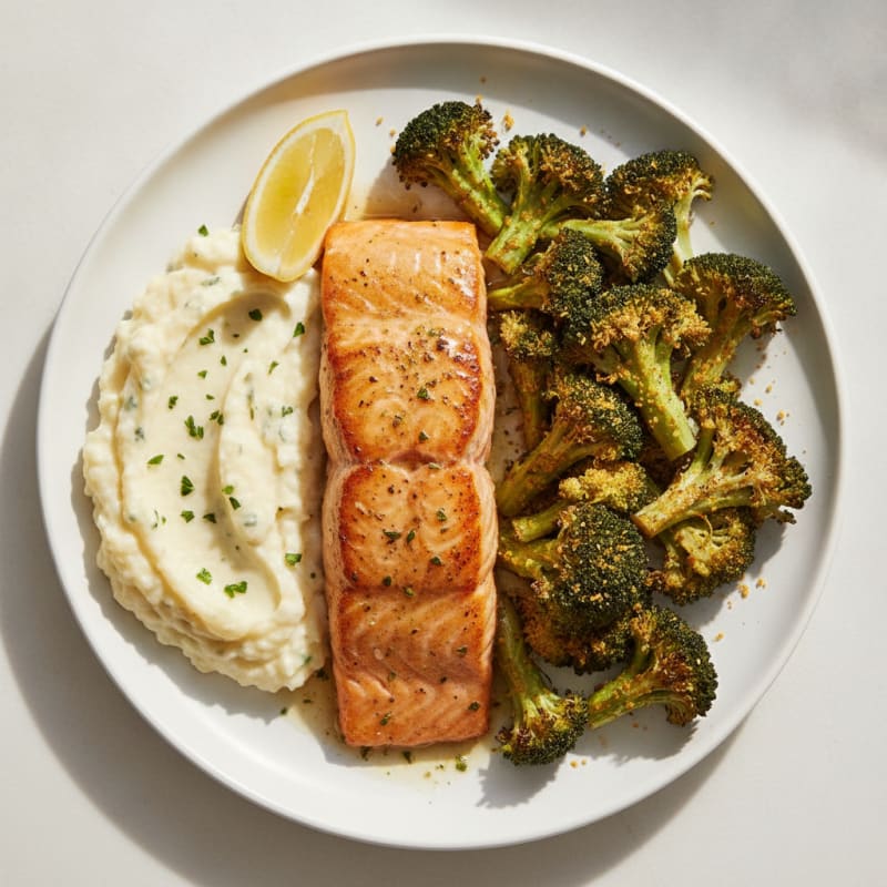 Seared Salmon Fillet with Roasted Broccoli and Garlic Mashed Cauliflower