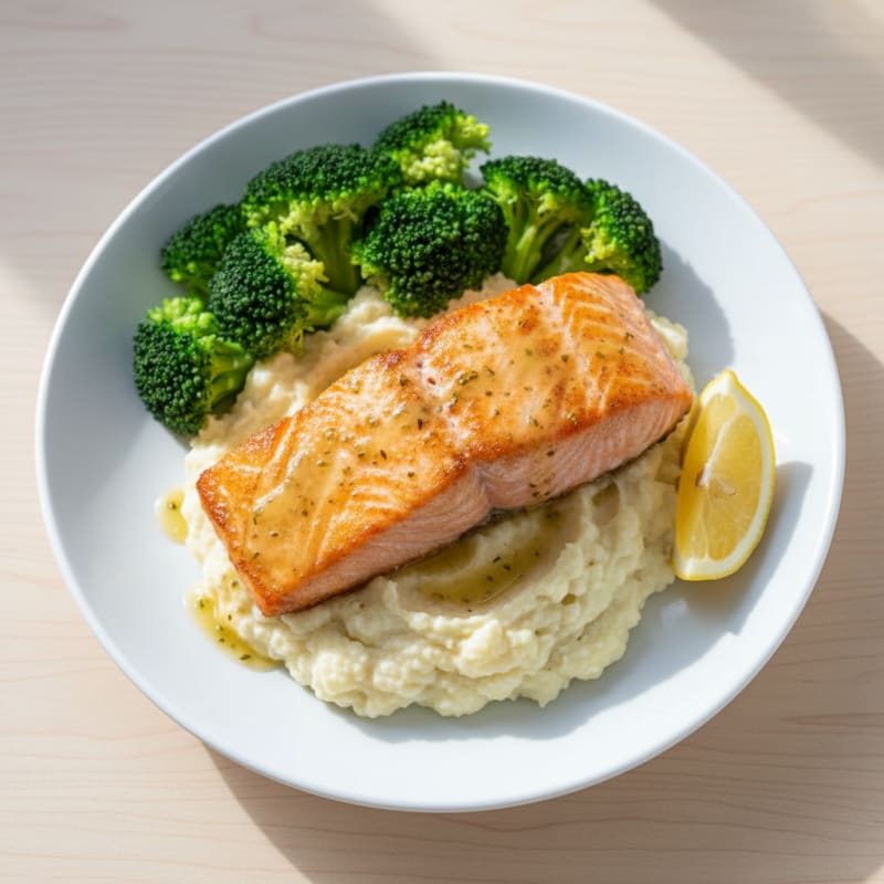 Seared Salmon with Steamed Broccoli and Garlic Cauliflower Mash