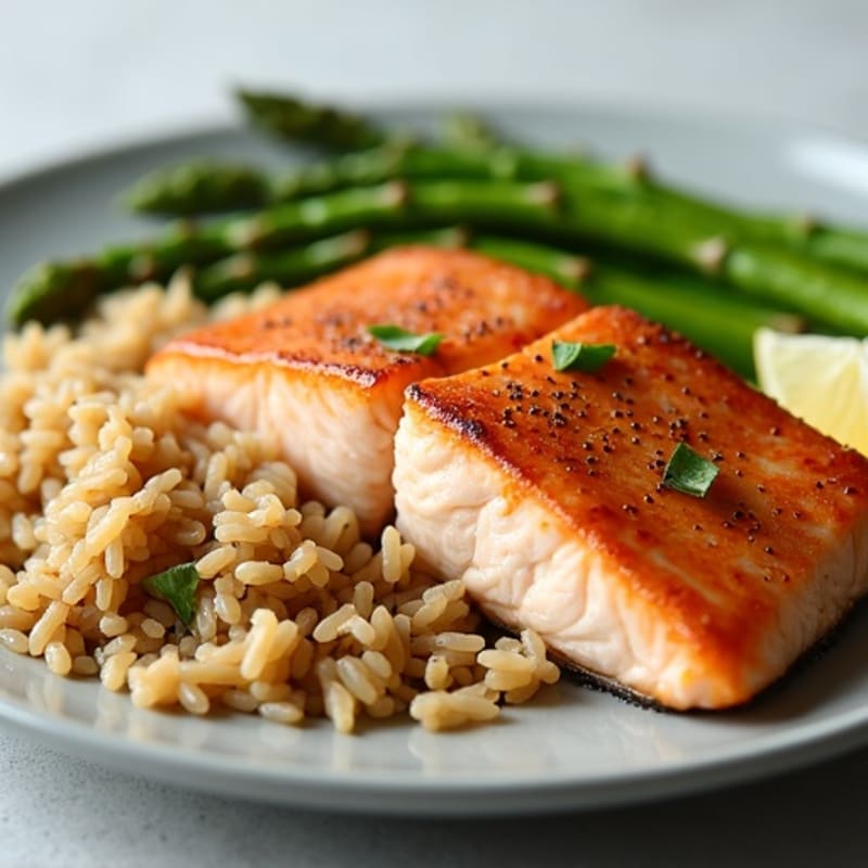 Seared Salmon with Steamed Asparagus and Brown Rice