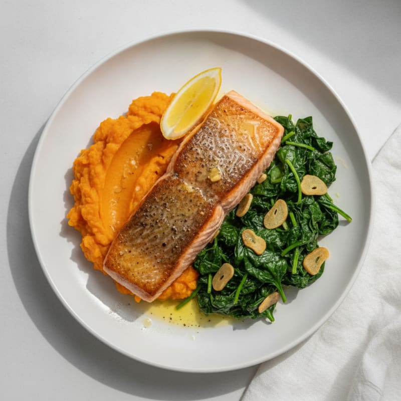 Seared Salmon with Garlic Spinach and Sweet Potato Mash