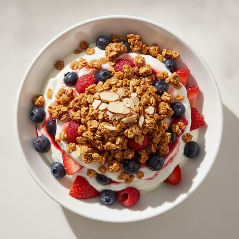 Greek Yogurt Parfait with Crunchy Almond Granola and Fresh Berries