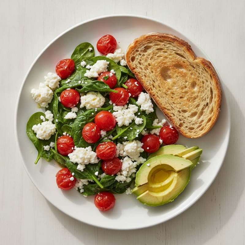 Egg White and Spinach Scramble with Cottage Cheese and Cherry Tomatoes