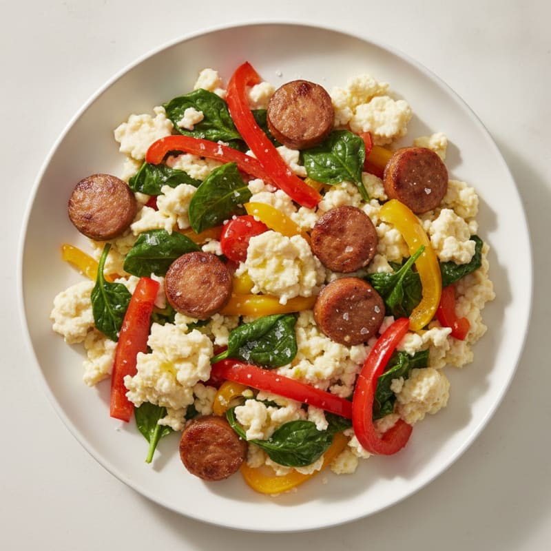 Egg White and Turkey Sausage Scramble with Spinach and Bell Peppers